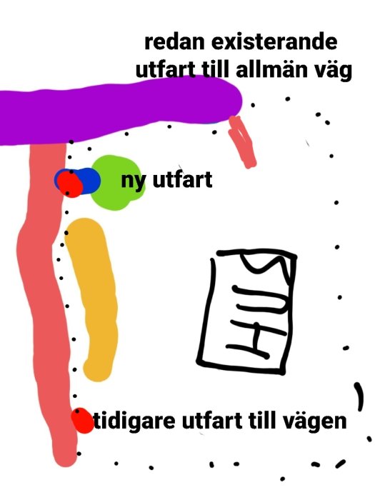 Handritad skiss med vägar, utgångar markerade, text anvisar "redan existerande utgång" och "ny utgång".