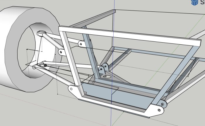 3D CAD-modell av mekanisk konstruktion, möjligen ett chassi eller en robotarm, i konstruktionsvy med måttlinjer.