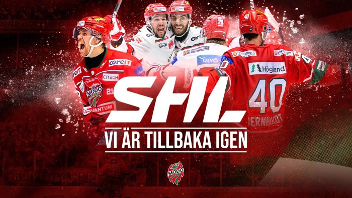 Ishockeyspelare firar, röd tema, "SHL VI ÄR TILLBAKA IGEN", entusiasm, reklam för sportevenemang.