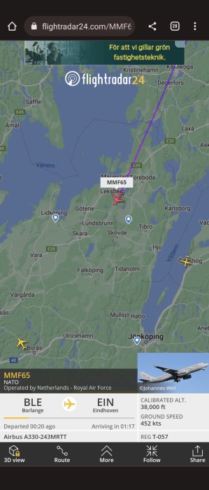 Skärmavbild från Flightradar24 visar NATO-flyg, Airbus A330, över Sverige; destination Eindhoven från Borlänge.