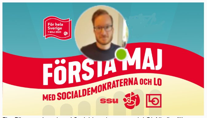 Affisch för Första Maj-tåg med Socialdemokraterna och LO, Sveriges flaggfärger, datum och SSU-logotyp.