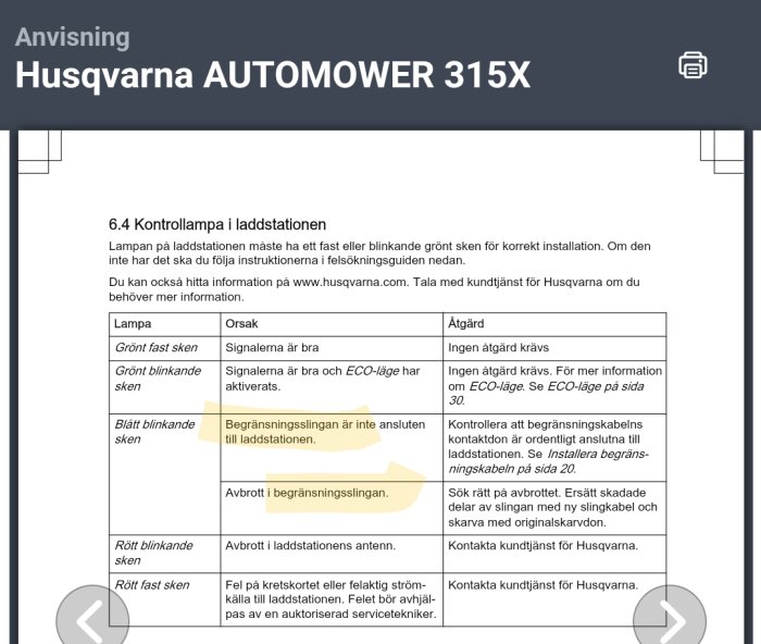 Instruktionshandbok för Husqvarna Automower 315X, kontrollampa i laddstationens avsnitt, tabell med färgkoder och åtgärder.