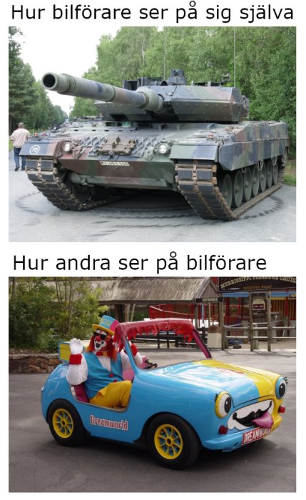 Ett humoristiskt meme som jämför bilförares självuppfattning (stridsvagn) med andras uppfattning (leksaksliknande bil med clown).