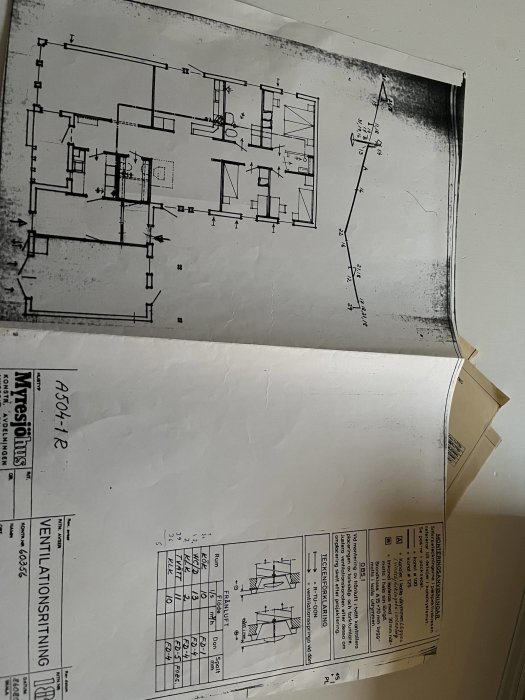 Ritningar, byggplaner på papper, ligger ovanpå varandra, möjligtvis ventilationssystem, teknisk dokumentation.