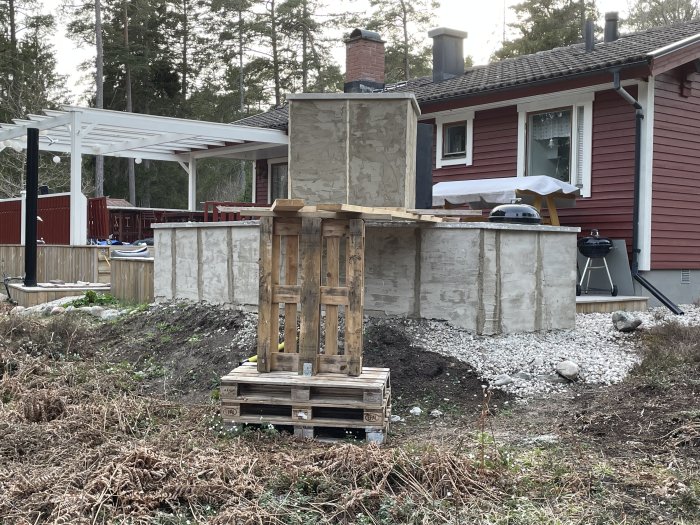 Rödfärgat hus, oavslutat murprojekt, pallar, terrass, grill, skogsmiljö, grå himmel, ingen person synlig.