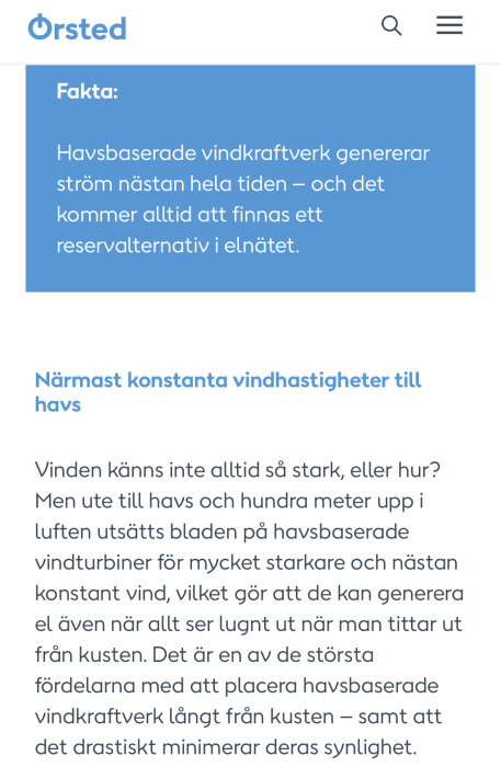 Skärmdump från Ørsteds webbsida, information om havsbaserade vindkraftverk och deras fördelar.