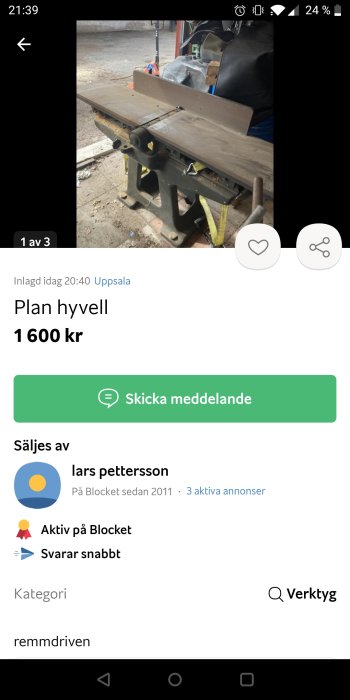 Skärmbild från Blocket med en planhyvel till salu för 1600 kr i Uppsala.