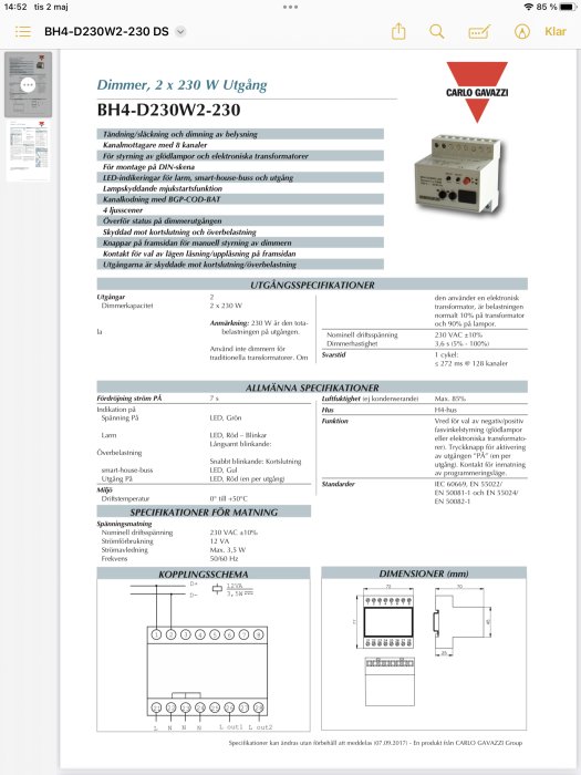 Dokument som visar tekniska specifikationer för en dimmer, modell BH4-D230W2-230, inkluderar kopplingsschema och mått.