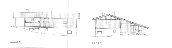 Arkitektoniska ritningar av ett hus från söder och öster. Linjer, proportioner och konstruktion betonade.