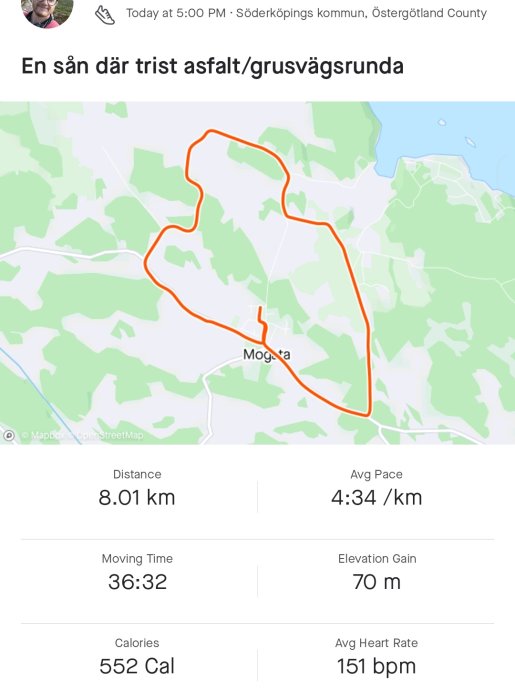 Skärmklipp av en löprunda, 8.01 km, med karta och träningsstatistik inklusive tid och tempo.