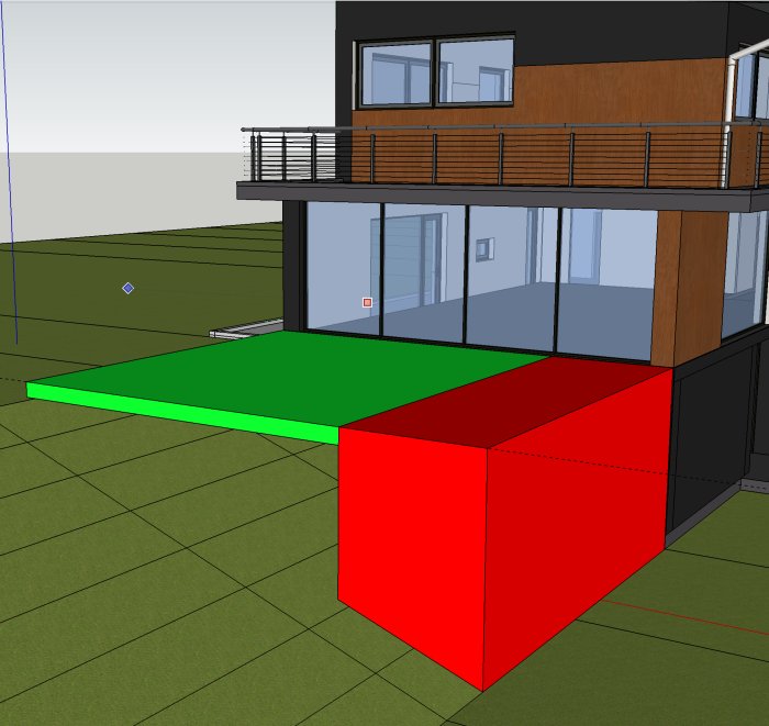 3D-modell av ett modernt hus med stora fönster och en röd kub framför.