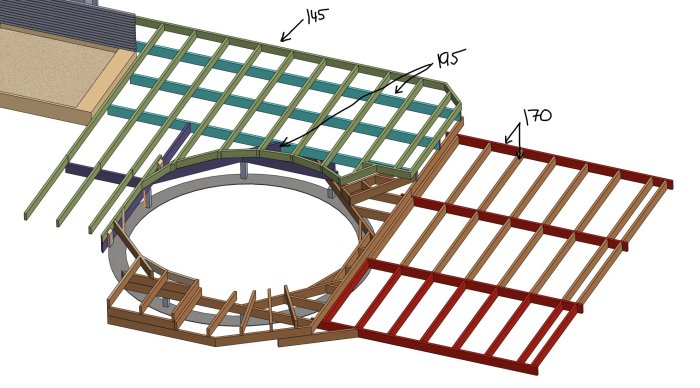 3D-modell av trä- och ståltakstolar med måttangivelser. Konstruktionsdetaljer, arkitektonisk ritning.
