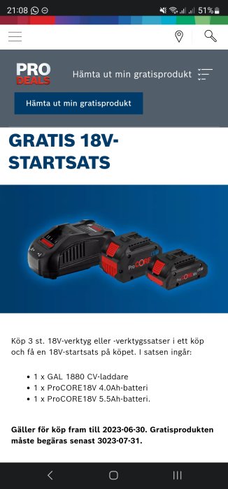 Reklam för gratis 18V-startpaket med batterier och laddare vid köp av verktyg. Erbjudandet gäller till 2023-06-30.