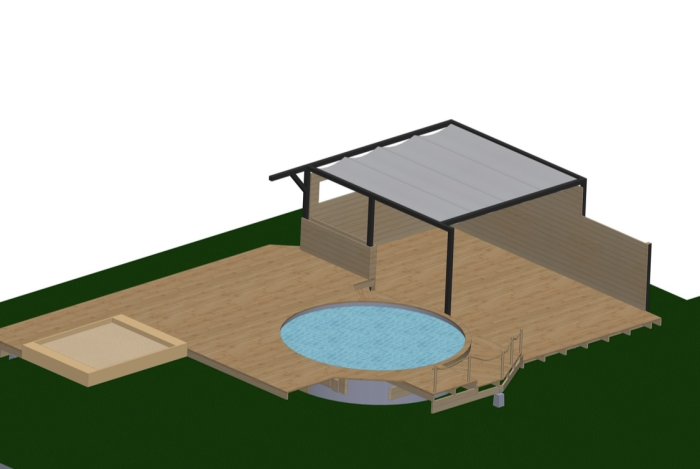 3D-modell av ett däck med pool, sittområde, sandlåda och takövertäckt lounge.