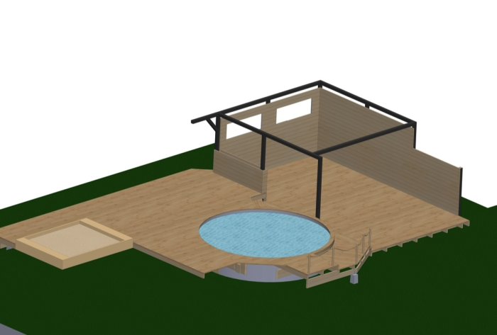 3D-modell av halvbyggd trävilla med pool, däck och sandlåda på gräsmatta.