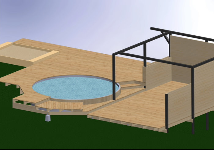 3D-modell av en utomhuspool med omgivande trädäck och moderna träkonstruktioner.