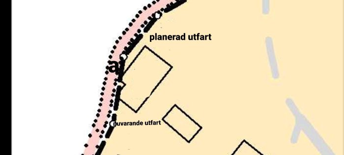 Schablon över trafiksituation visar befintlig och planerad utfart samt parkeringar. Simple road traffic template showing existing and planned exits and parking spaces.