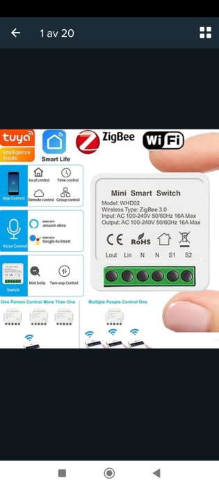 Reklam för en mini smart switch som stöder ZigBee och WiFi, ansluts via app, röstkontroll, flera användare kan styra.