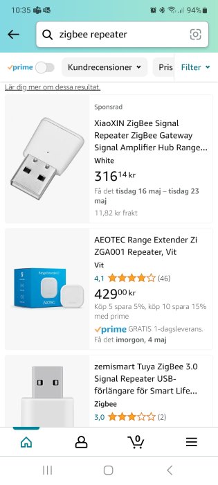 Onlinebutikssida som visar Zigbee-repeatrar med priser, kundomdömen och leveransinformation.