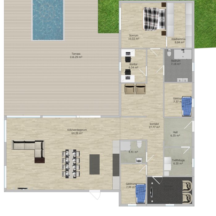 Planritning av en våning med terrass, pool, sovrum, kök/vardagsrum, kontor, klädkammare, badrum och gästrum.