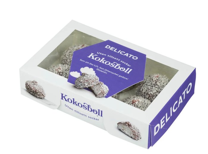 En ask med Kokosbollar, märket Delicato, utan tillsatt socker. Transparent fönster visar produkten. Glutenfritt alternativ.