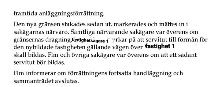 Svensk text om fastighetsgräns, servitutsöverenskommelse och avslutande av sammanträde.