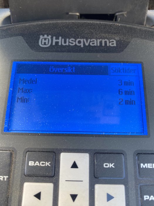 Blå LCD-skärm med text, Husqvarna-apparat, knappar, "Medel", "Max", "Min", tidangivelser.