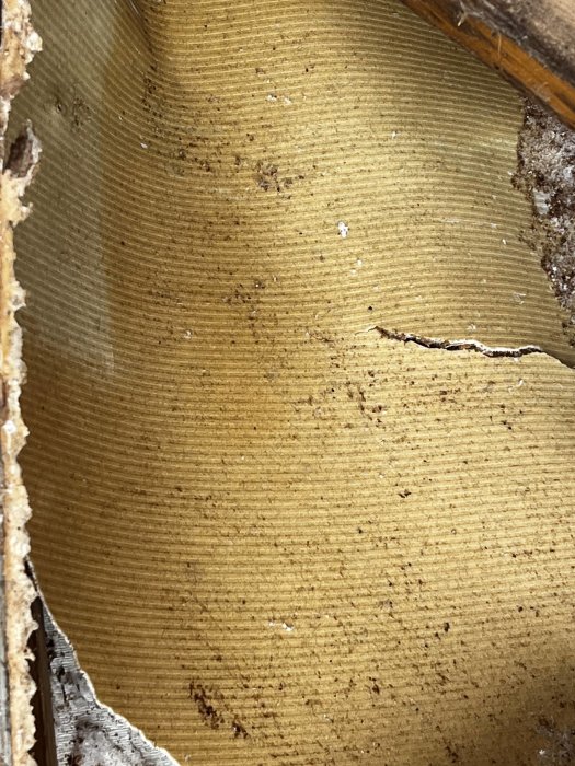 Närbild på gulbrunt texturerat material, möjligtvis papp eller kartong, med synliga veck och skador.