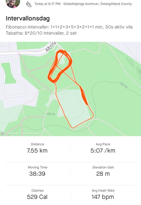 En skärmdump av en löpaktivitet med kartspår, intervallträning, statistik över distans, tid, puls.