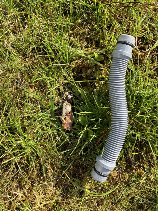 Bild visar en böjd grå plastslang på en gräsmatta i dagsljus.