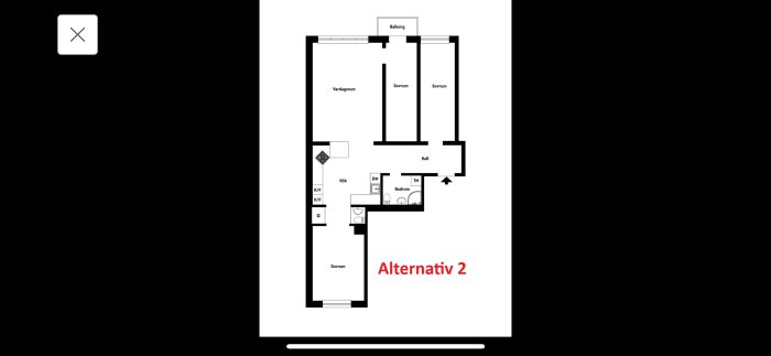 Svartvit ritning, lägenhetsplan, tre sovrum, vardagsrum, kök, badrum, balkong, "Alternativ 2" text.