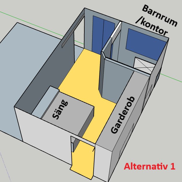 3D-modell av rumslayout för barnrum/kontor, säng, garderob med text "Alternativ 1".