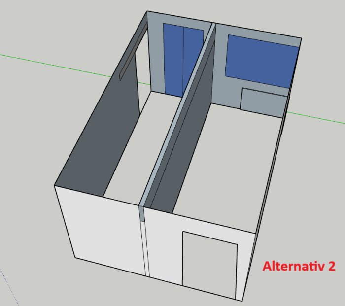 3D-modell av ett litet rum med två sängar, fönster och texten "Alternativ 2".