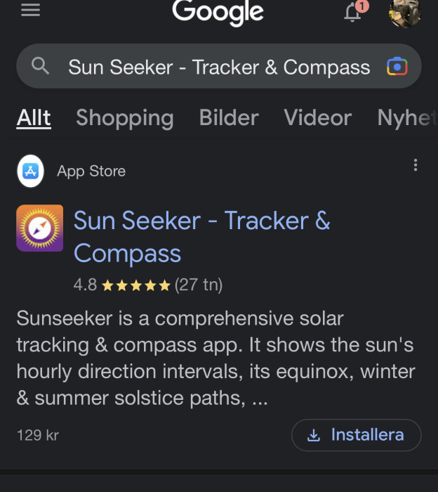 Google-sökresultat för "Sun Seeker" app, solens positionsspårning, 4.8 stjärnor, kostar 129 kronor.