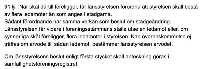 Svensk text om styrelseförordnande, beslutseffekter och samfällighetsföreningsregister från ett dokument.