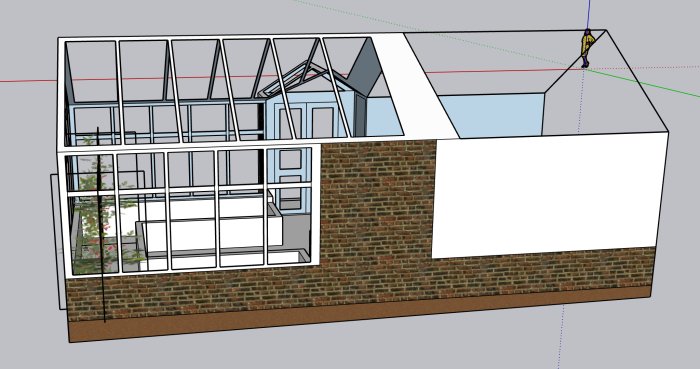 3D-modell av en byggnad i en grafisk designmjukvara, visar glaspartier och tegelväggar.