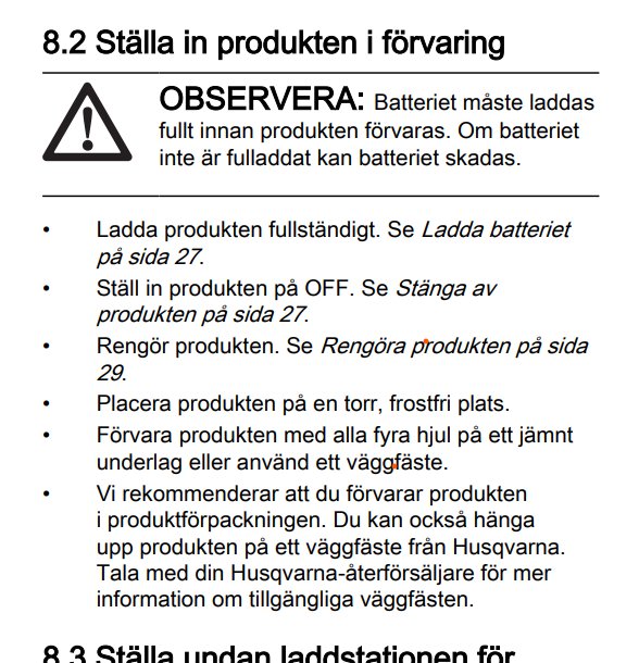 Svenska instruktioner för förvaring av en batteridriven produkt, med punkter för laddning, rengöring, och placering.