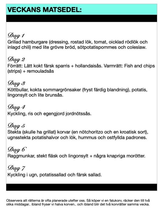 Veckomeny med varierade rätter: hamburgare, sparris, köttbullar, kyckling, korv, raggmunkar och ugnskyckling. Notis om måltidsplanering och inköp.