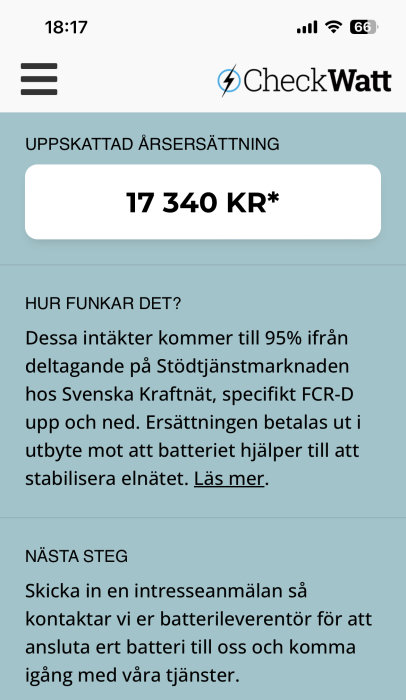 Skärmdump av en app, CheckWatt, visar uppskattad årsersättning för energitjänster på svenska, batteriinformation, intresseanmälan.