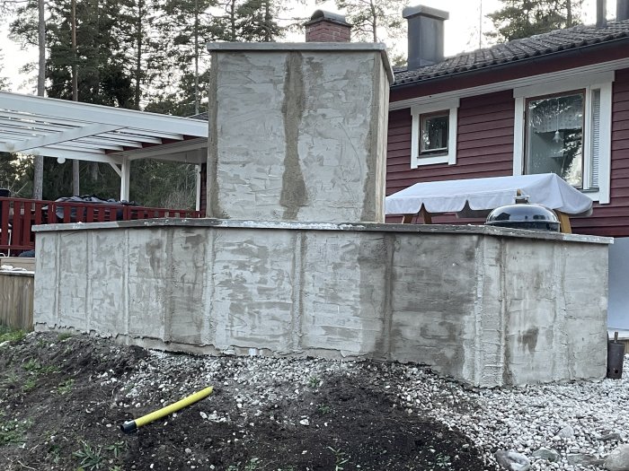 Uteplats med pergola, betongvägg, grus, skottkärra, röd träfasad, fönster, pizzaugn under vit presenning.