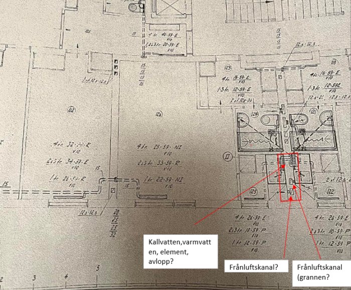 Byggritning med markeringar och frågor om VVS (vatten, värme, avlopp), potentiell luftkanal. Annoteringar i rött.