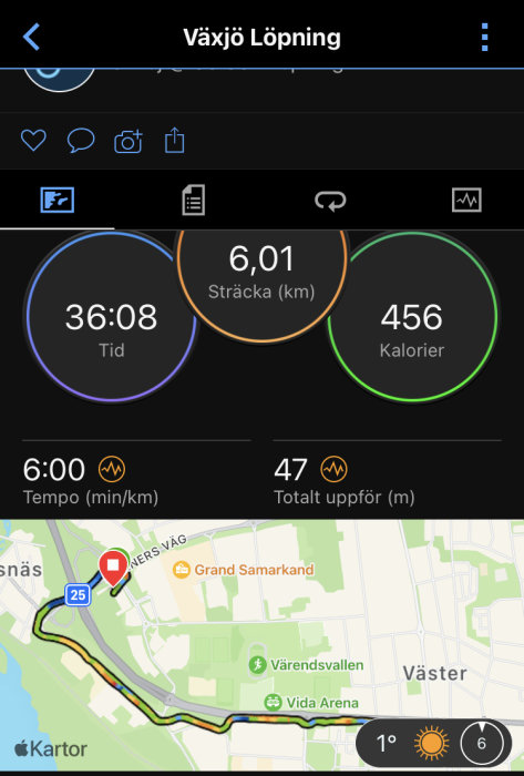 Skärmdump av löparapp, 6,01 km löpning i Växjö, tid och kaloriförbrukning syns.