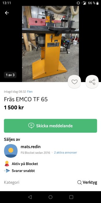 Gul fräsmaskin, EMCO TF 65, till salu på Blocket för 1500 SEK.