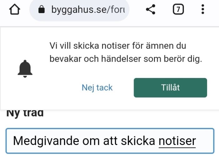 En webbsida frågar om tillåtelse att skicka notiser med två svarsalternativ: "Nej tack" och "Tillåt".