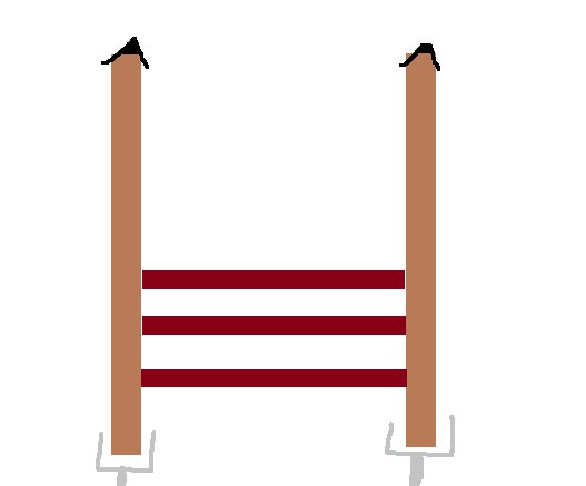 Två bruna stolpar med två röda och en vit horisontell linje, liknar gymnastik- eller barrutrustning.