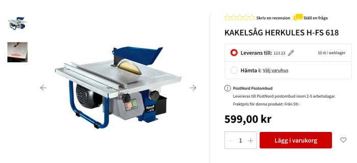 Kakelsåg på en webbutik, blå och silverfärgad, priset 599 kronor, produktnamn "HERKULES H-FS 618".