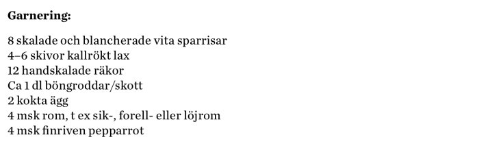 Textlista över ingredienser för maträttens garnering: sparris, lax, räkor, böngroddar, ägg, rom, pepparrot.