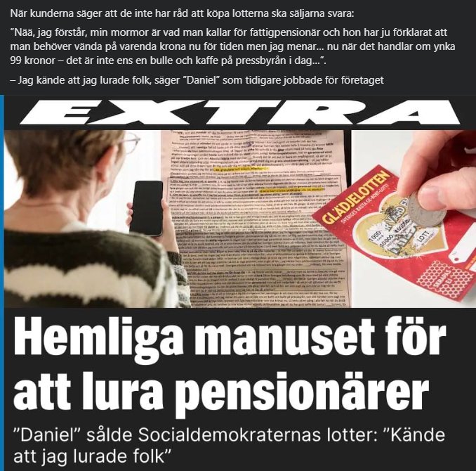 Artikel om manipulation av pensionärer med lotter, person läser tidning, lotter skrapas.