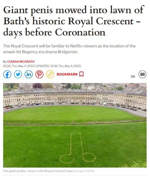 Artikelns titel nämner en stor figur klippt i gräsmatta framför Bath's Royal Crescent.