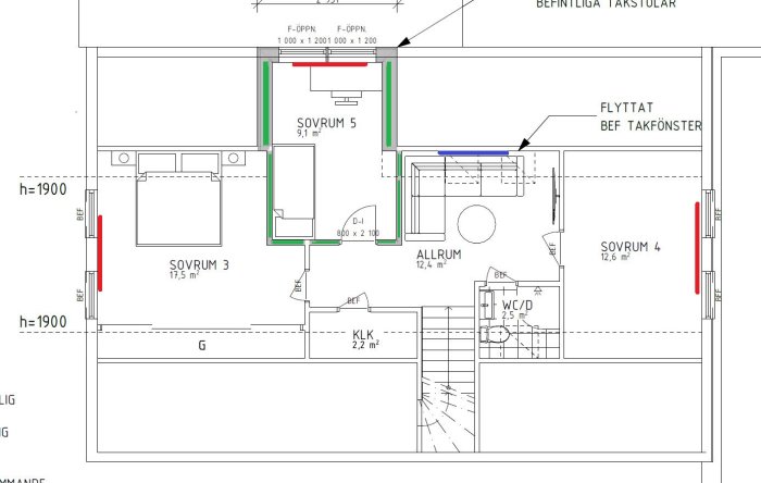 Arkitektonisk ritning av en bostadsplan med fem sovrum, allrum, WC/dusch och klädkammare.